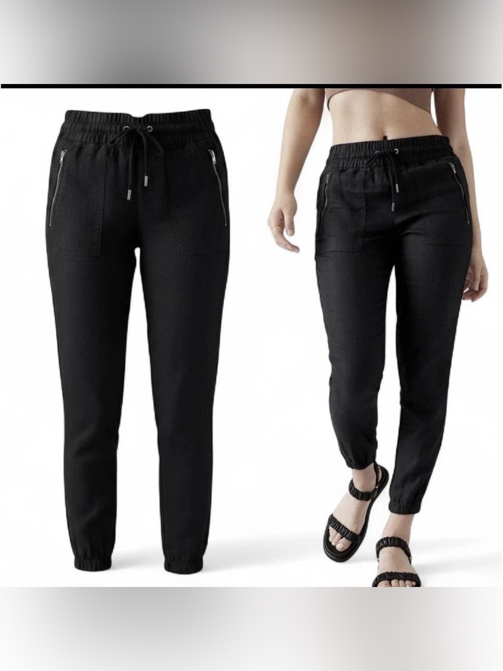 Athleta Cabo Linen Tapered Joggers Black Size 8 Tall